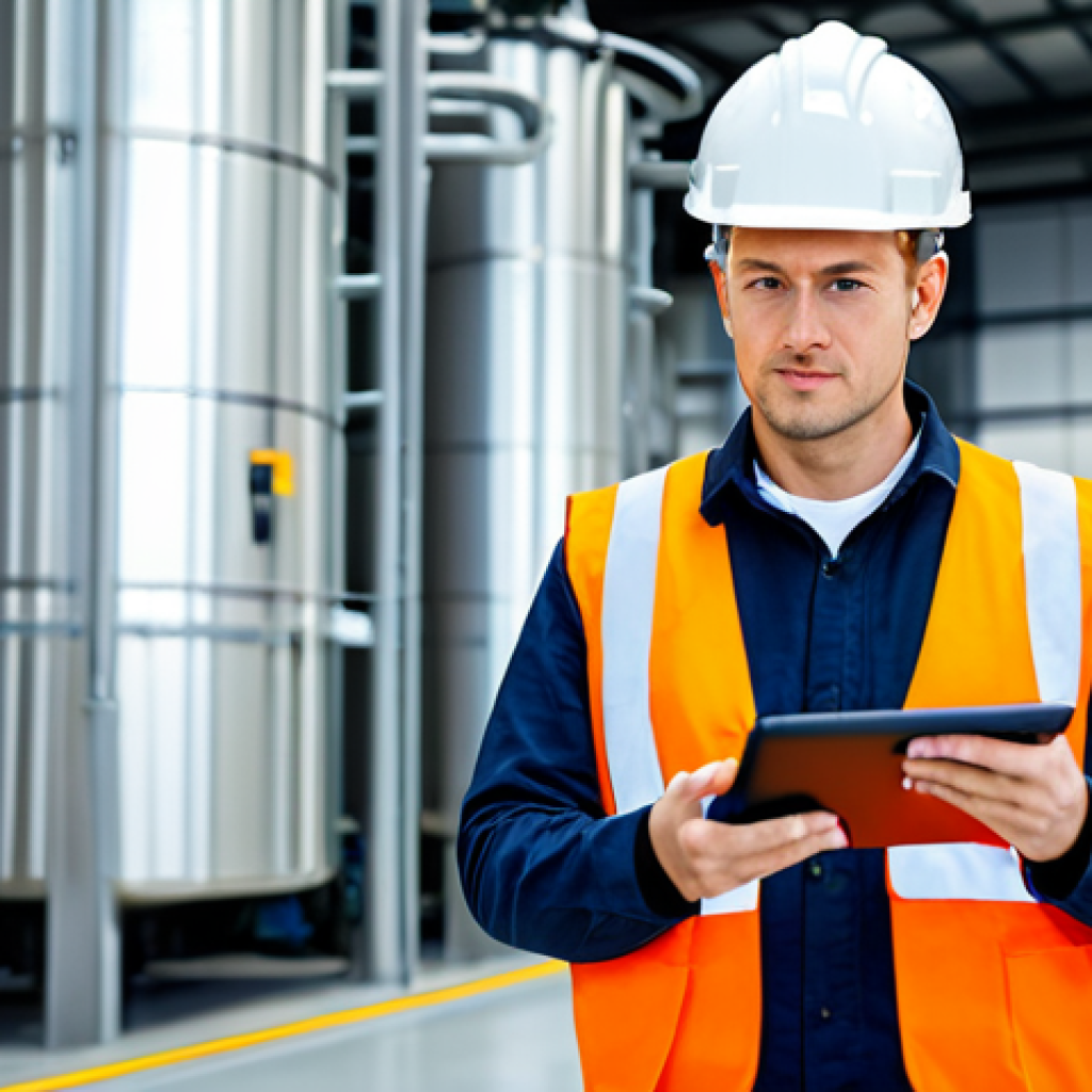 A professional environmental technician, male or female, standing confidently in a modern, clean industrial facility. Dressed in a modest, professional work uniform, including a safety vest and sturdy work pants, with a collared shirt. The background shows sleek, well-maintained industrial machinery and control panels, with a focus on advanced environmental management systems. There are subtle indicators of clean energy or sustainable processes. The technician is holding a digital tablet, reviewing real-time environmental data with a focused expression, demonstrating expertise and control. Photorealistic, high detail, sharp focus, professional studio lighting, vibrant colors. safe for work, appropriate content, fully clothed, professional, perfect anatomy, correct proportions, natural pose, well-formed hands, proper finger count, natural body proportions, modest clothing, appropriate attire, professional dress.