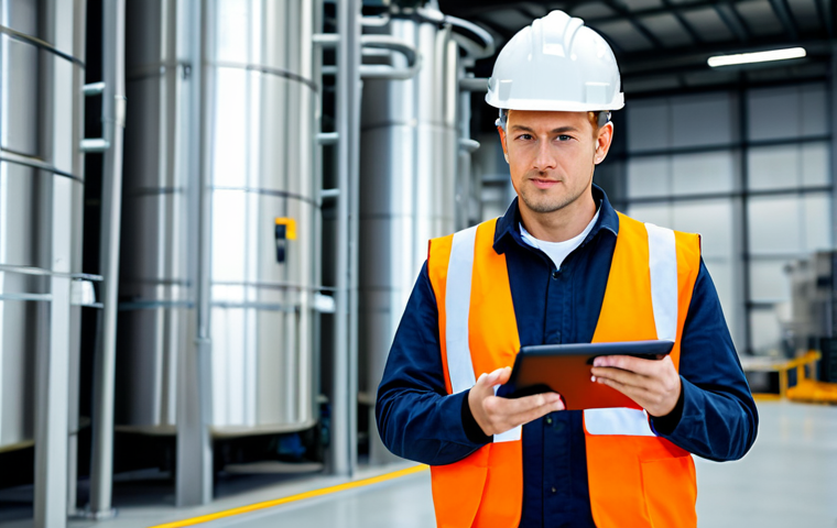 A professional environmental technician, male or female, standing confidently in a modern, clean industrial facility. Dressed in a modest, professional work uniform, including a safety vest and sturdy work pants, with a collared shirt. The background shows sleek, well-maintained industrial machinery and control panels, with a focus on advanced environmental management systems. There are subtle indicators of clean energy or sustainable processes. The technician is holding a digital tablet, reviewing real-time environmental data with a focused expression, demonstrating expertise and control. Photorealistic, high detail, sharp focus, professional studio lighting, vibrant colors. safe for work, appropriate content, fully clothed, professional, perfect anatomy, correct proportions, natural pose, well-formed hands, proper finger count, natural body proportions, modest clothing, appropriate attire, professional dress.