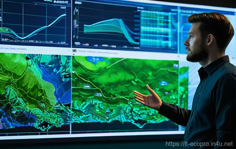 환경보전기술자 실무 스킬 향상 - **Prompt 1: AI-Powered Environmental Monitoring in Action**
    "A wide-angle, highly detailed shot ...