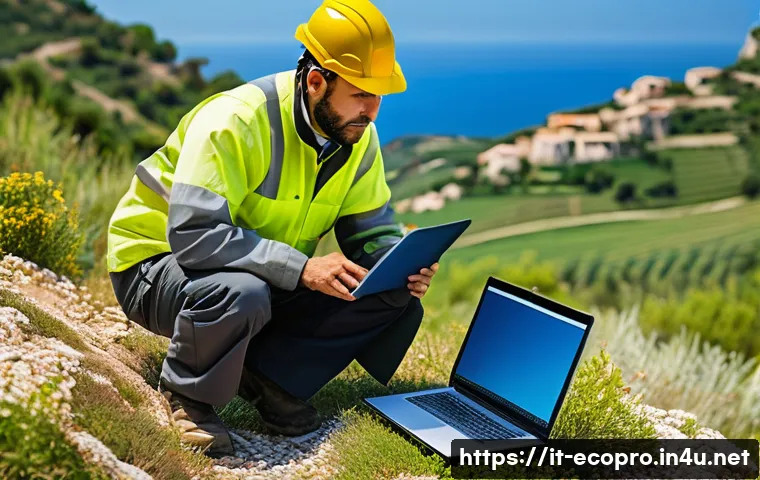 환경보전기술자 자격증 취득과 진로 - A professional environmental technician wearing protective workwear and safety gear, using advanced ...