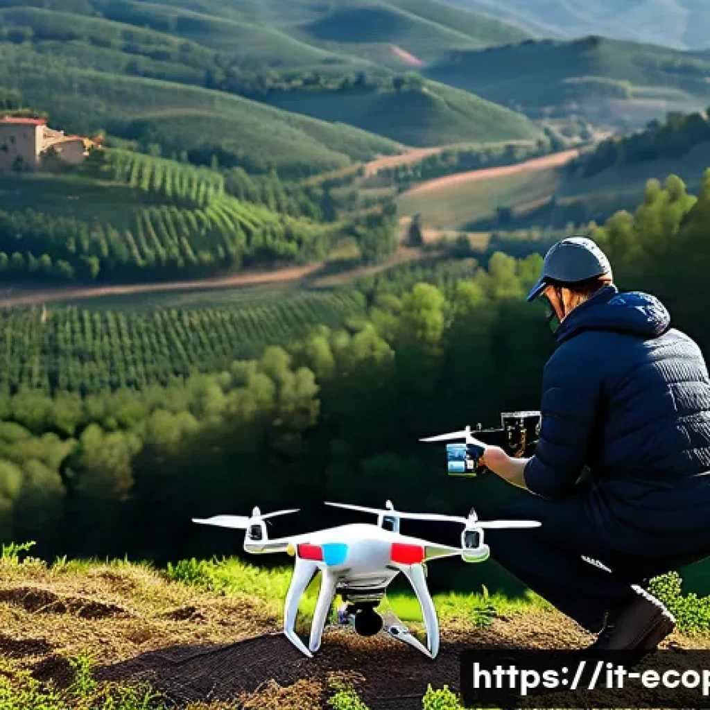 환경보전기술자 직무 교육 - A professional environmental technician operating a drone over a dense Italian forest during early m...