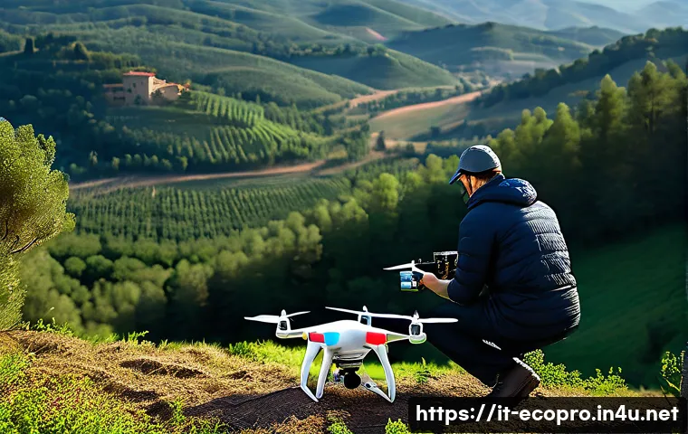 환경보전기술자 직무 교육 - A professional environmental technician operating a drone over a dense Italian forest during early m...