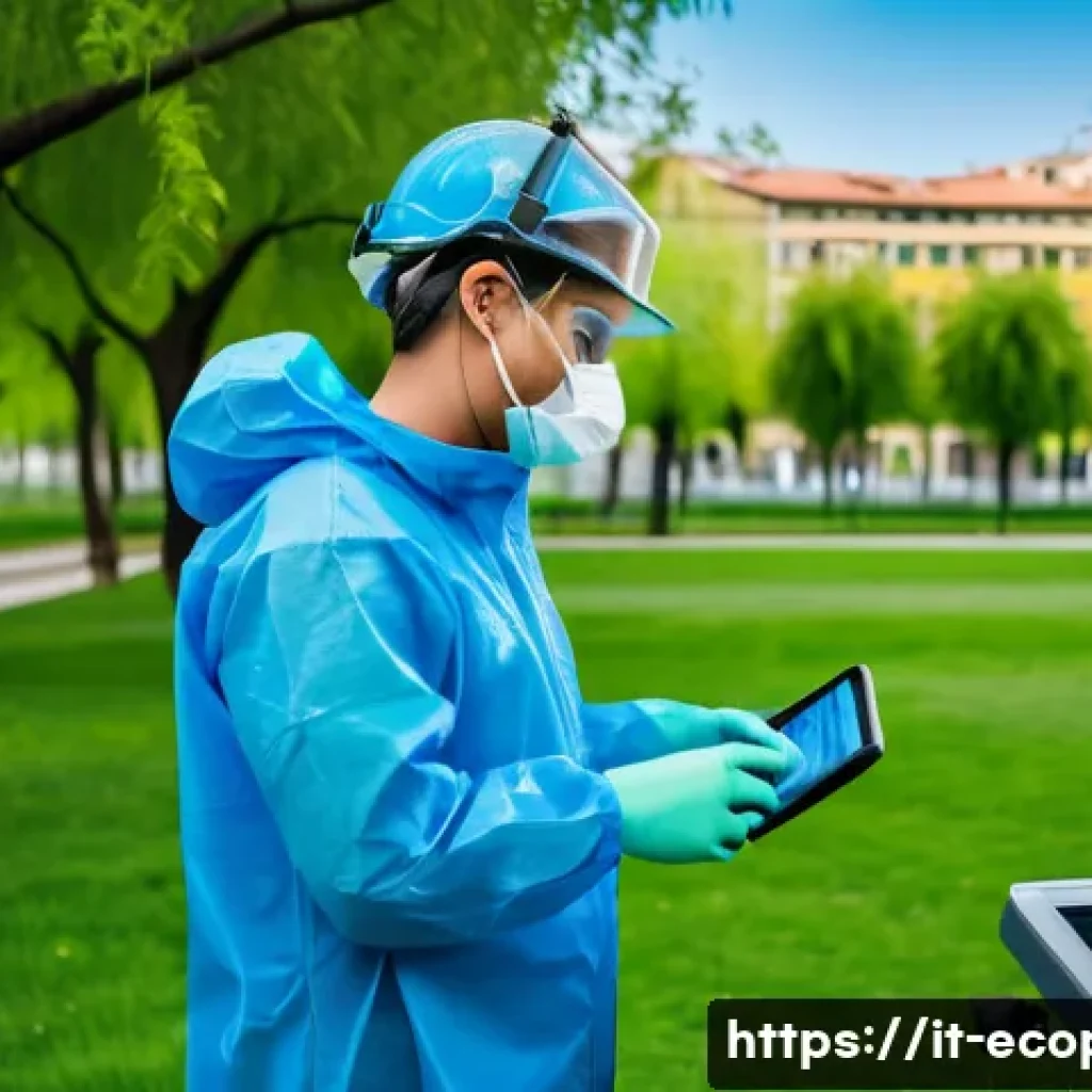 환경보전기술자 실무에서의 커리어 성장 - A professional environmental technician wearing safety gear and protective clothing, including glove...