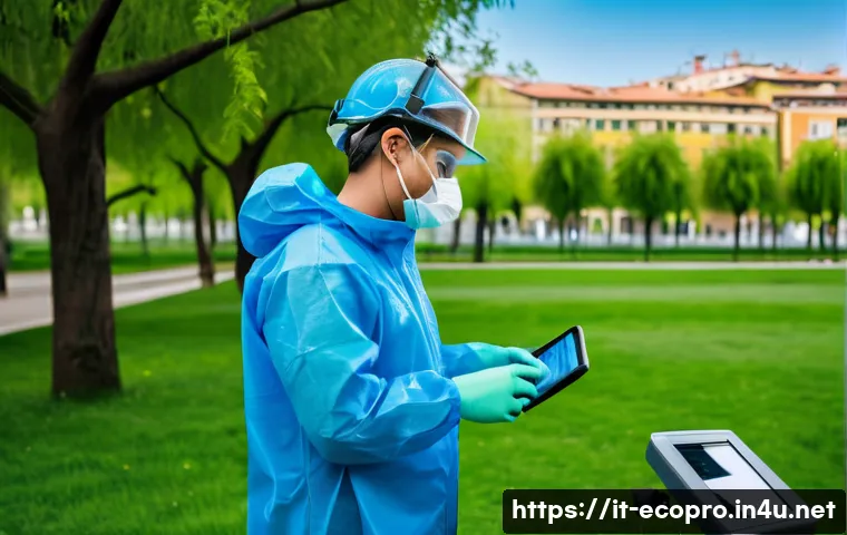 환경보전기술자 실무에서의 커리어 성장 - A professional environmental technician wearing safety gear and protective clothing, including glove...