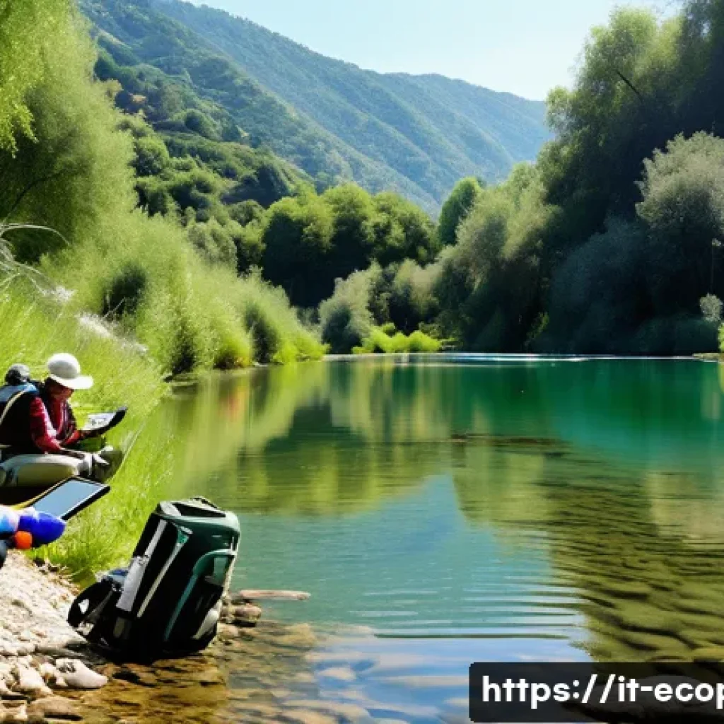 환경보전기술자 실기 시험 과목 - A detailed environmental field study scene showing a diverse team of researchers using portable digi...