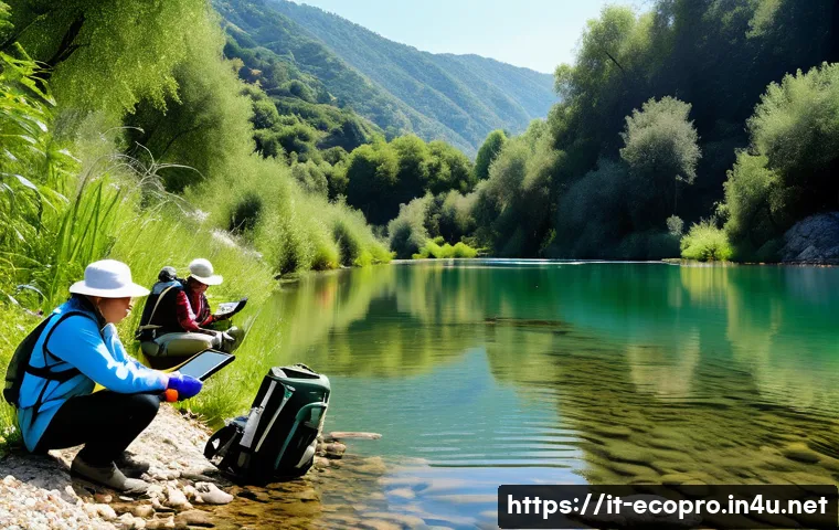 환경보전기술자 실기 시험 과목 - A detailed environmental field study scene showing a diverse team of researchers using portable digi...