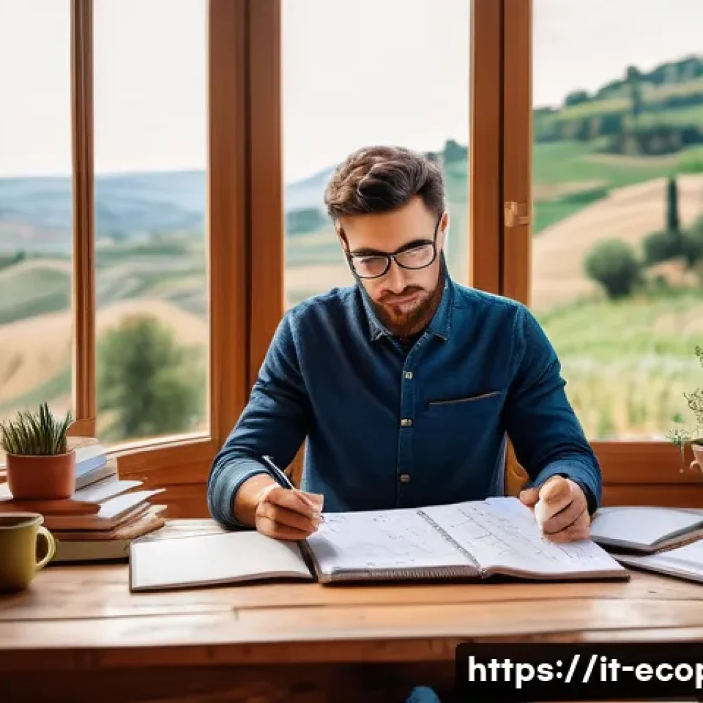 환경보전기술자 시험 준비 과정 - A diligent Italian environmental technician studying at a wooden desk cluttered with updated manuals...