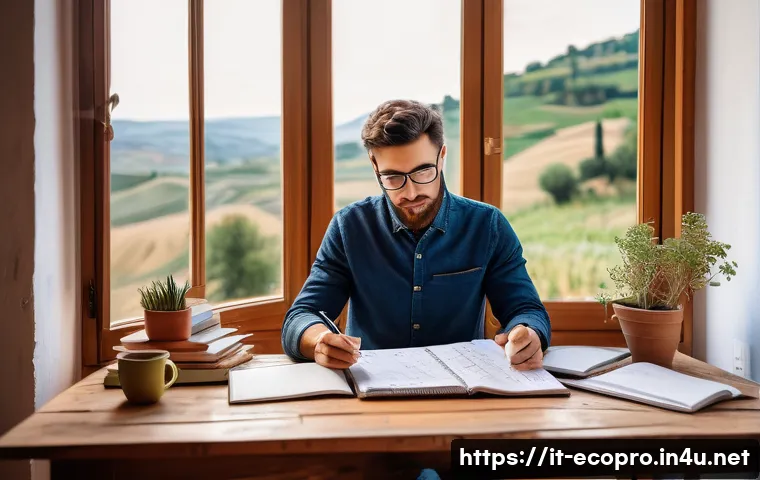 환경보전기술자 시험 준비 과정 - A diligent Italian environmental technician studying at a wooden desk cluttered with updated manuals...
