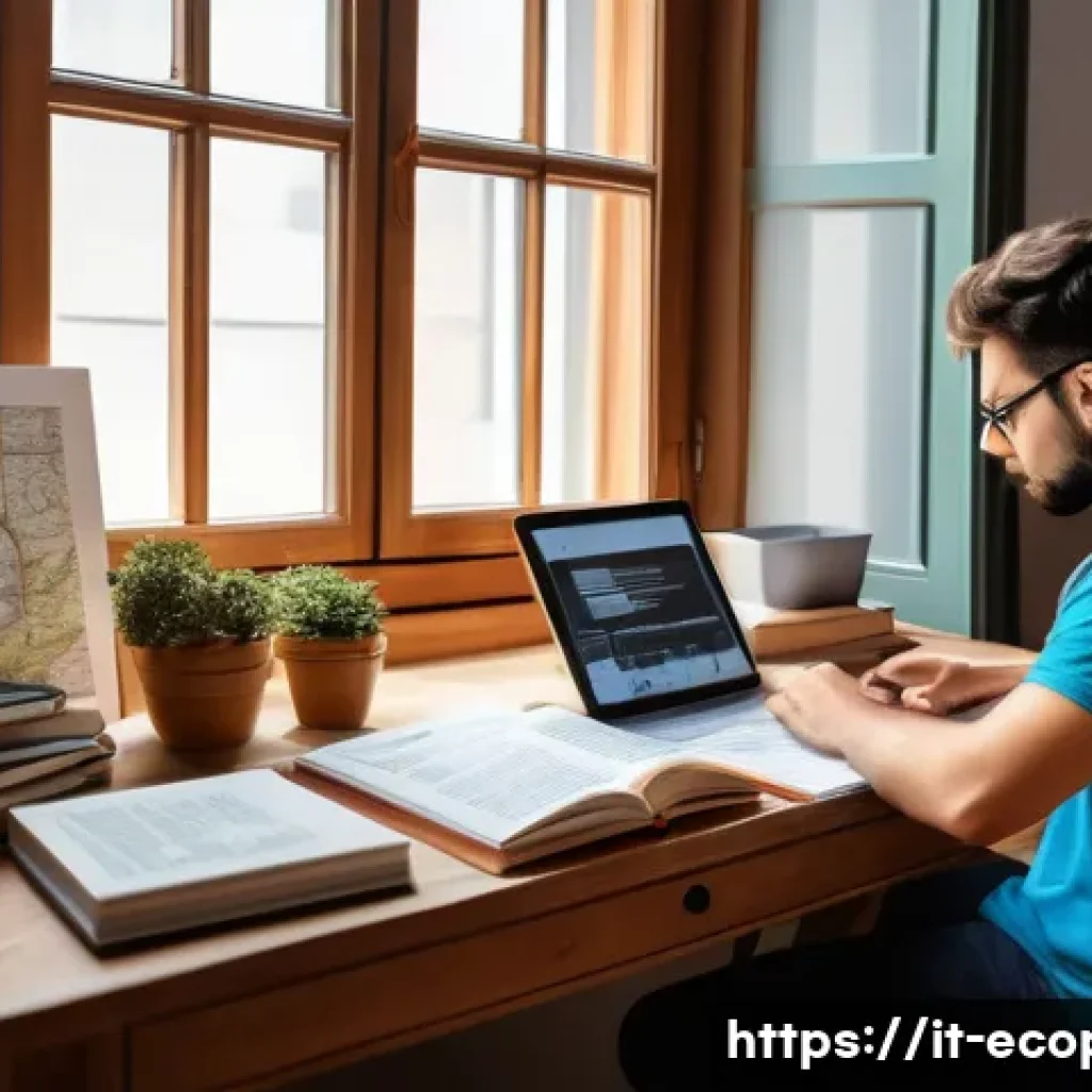 환경보전기술자 자격증 취득 팁 - A focused Italian environmental technician studying at a wooden desk with natural light from a windo...
