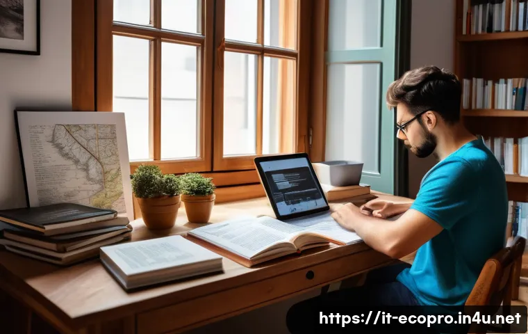 환경보전기술자 자격증 취득 팁 - A focused Italian environmental technician studying at a wooden desk with natural light from a windo...