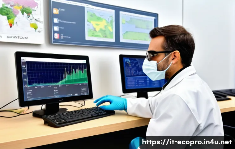 환경보전기술자 실기 준비 전략 - A professional Italian environmental technician in a modern laboratory setting, wearing safety glass...