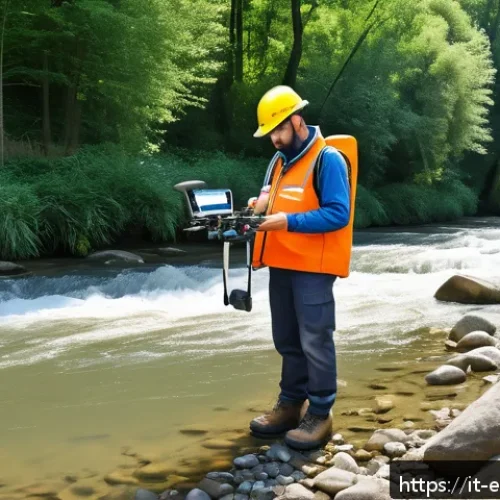 Home 33 환경보전기술자 커리어 개발 경로 - A professional environmental scientist wearing practical field gear and safety boots, using a drone ...