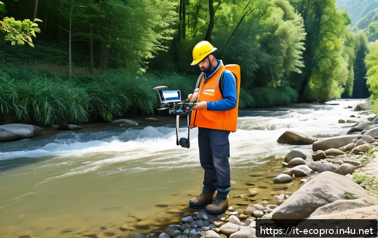 환경보전기술자 커리어 개발 경로 - A professional environmental scientist wearing practical field gear and safety boots, using a drone ...