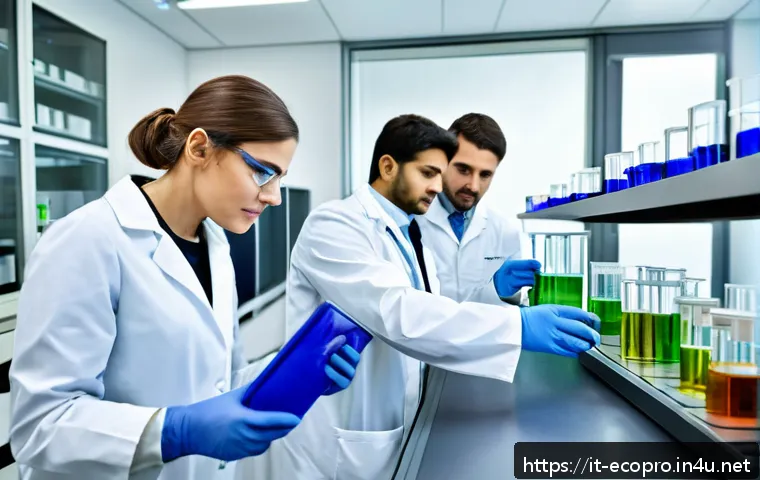 환경보전기술자 중점 과목 - A detailed scene of a modern environmental science laboratory focused on green chemistry: a diverse ...