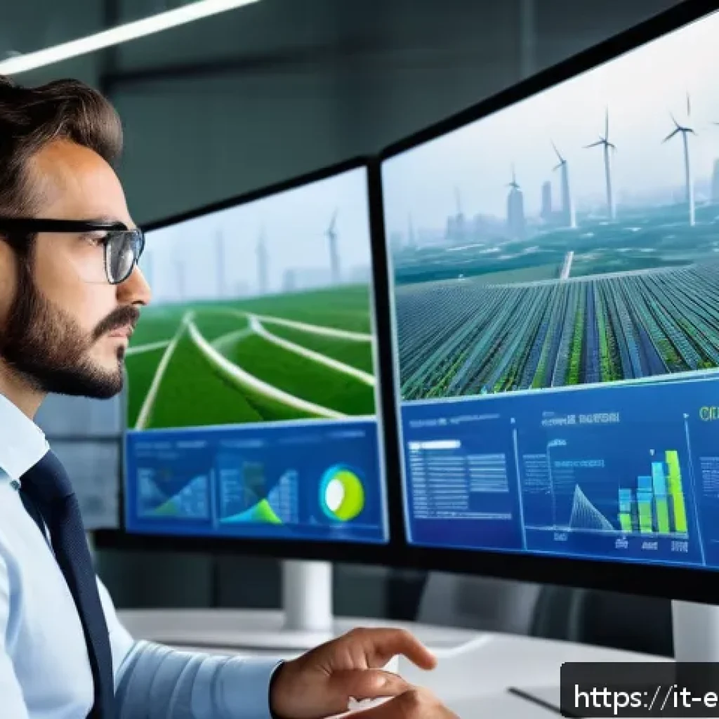 환경보전기술자 이직 후 경험담 - A professional environmental engineer in a modern office setting, analyzing real-time data on multip...