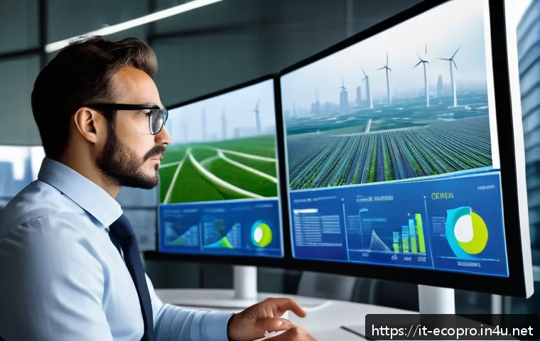 환경보전기술자 이직 후 경험담 - A professional environmental engineer in a modern office setting, analyzing real-time data on multip...
