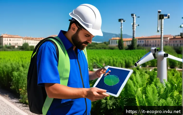 환경보전기술자 직무 수행의 핵심 - A professional environmental technician working outdoors in a modern Italian urban park, wearing sma...