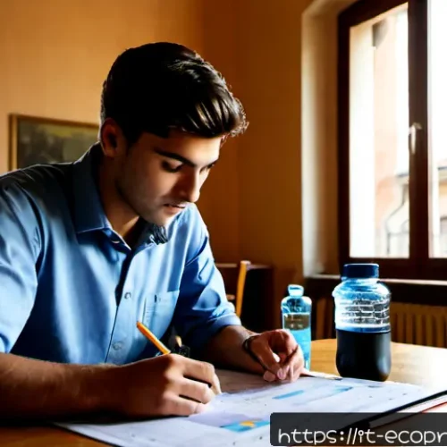 환경보전기술자 시험 난이도 분석 - Photorealistic Italian environmental engineering certification exam preparation scene, focused young...