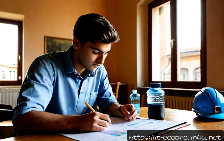 환경보전기술자 시험 난이도 분석 - Photorealistic Italian environmental engineering certification exam preparation scene, focused young...