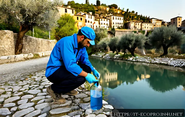 환경보전기술자 실무 경험 사례 - Photorealistic environmental conservation technician in protective workwear collecting a water sampl...